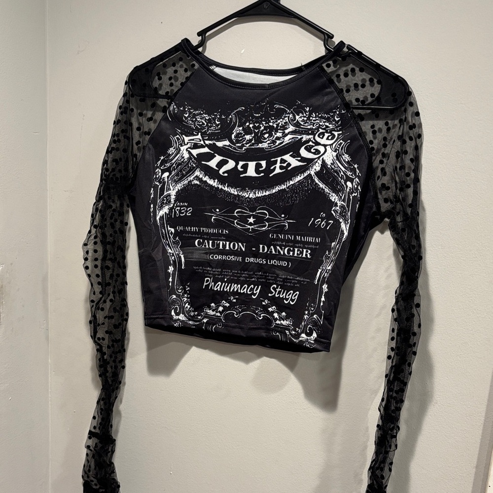 Vintage America Black Graphic Crop Top with Mesh Sleeves